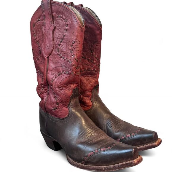 Tony lama womens maroon - Gem Tony Lama Cowboy Boots Women’s 6.5B Brown Leather Maroon Shaft Western Boots